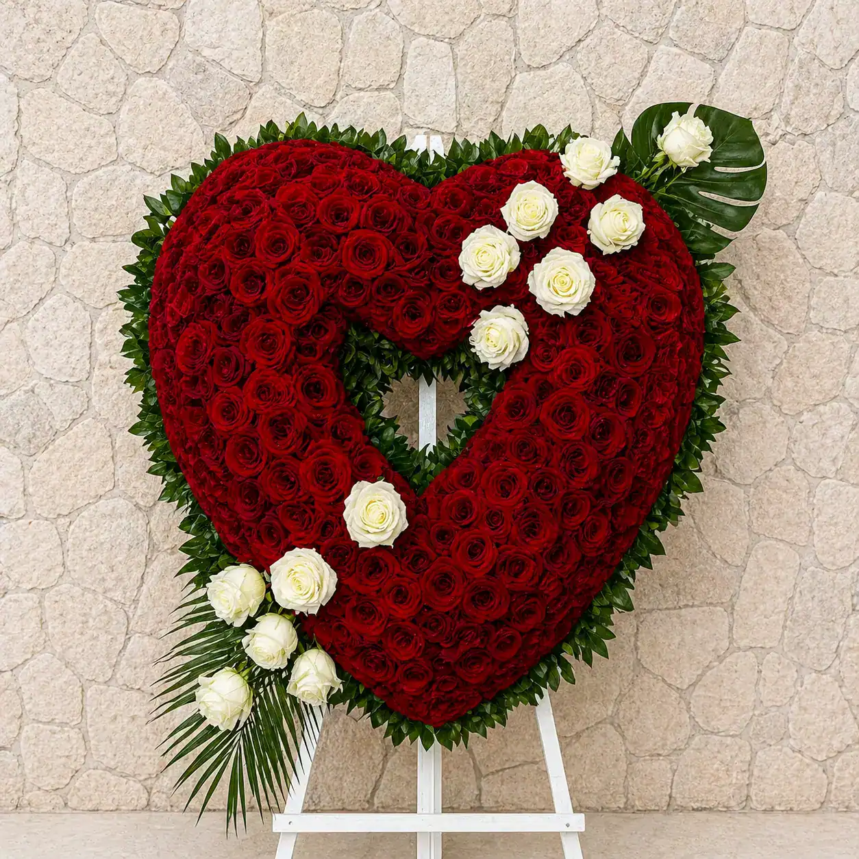 Corazón funerario de rosas rojas